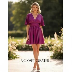 Mac Duggal Satin Flowy Cape Sleeve Mini Dress 6 Berry NWT Style 26605